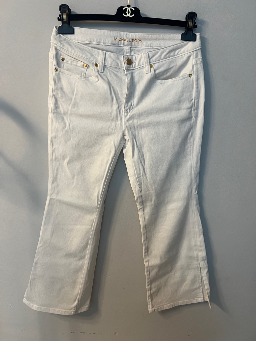 Michael Kors White Flare Wide-Leg Jeans With Gold-Tone Accents